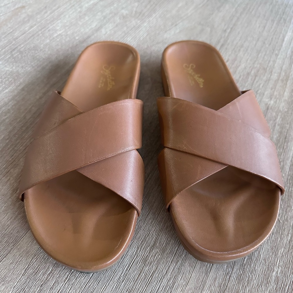SEYCHELLES Sandals Lighthearted Criss-Cross Contour Tan Leather Women's 10 - Picture 6 of 16